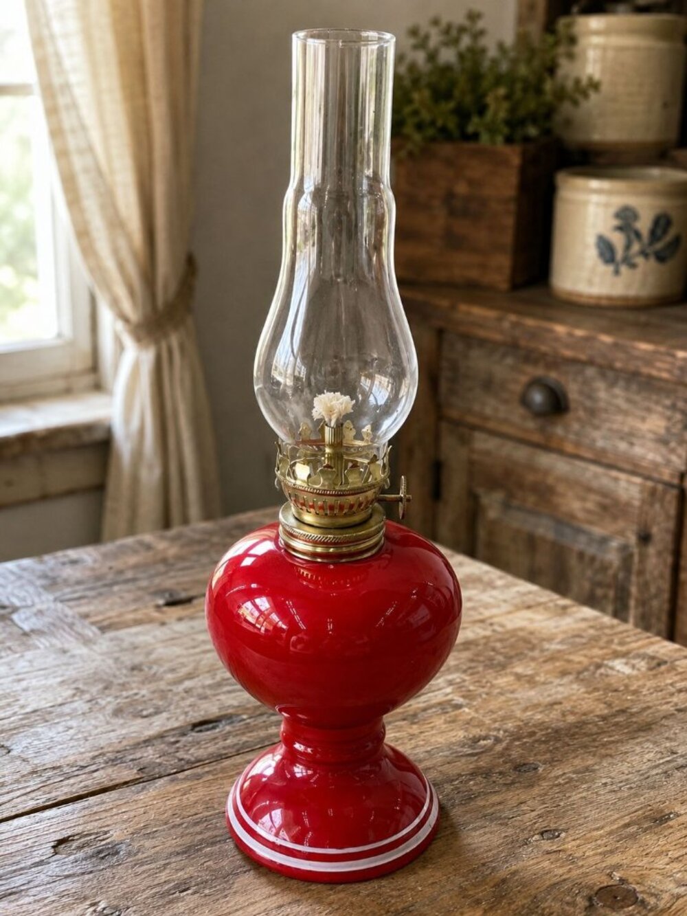 Vintage Red Glass Oil Lamp Brass Burner & Clear Chimney 10 Inches Tall